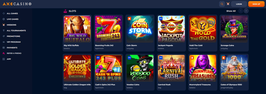 Axe Casino homepage