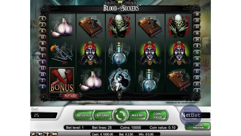 Blood Suckers slot game with gothic vampire theme and bonus features by NetEnt