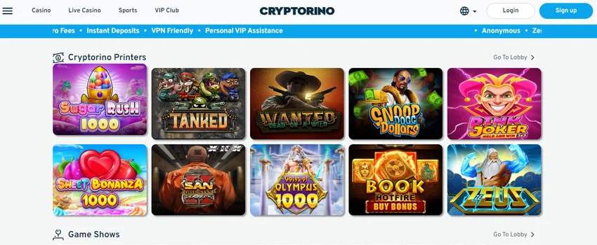 Cryptorino Casino homepage