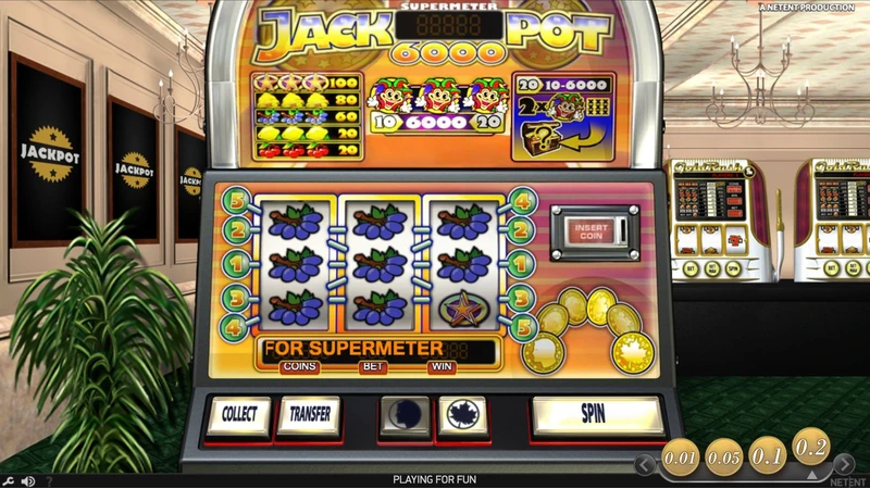 Jackpot 6000 slot game displaying classic fruit symbols and Supermeter feature by NetEnt