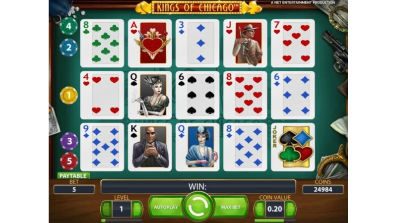 Kings of Chicago slot game featuring poker-style hands and 1920s gangster theme by NetEnt