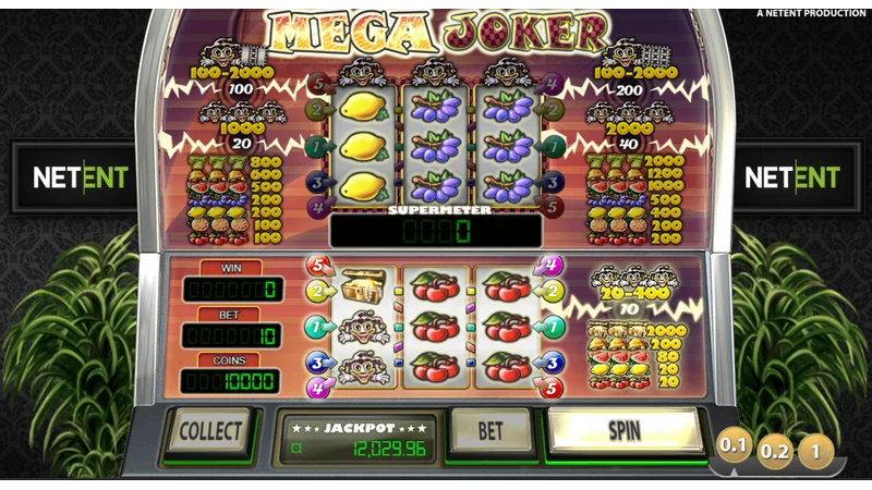 Mega Joker slot game showing classic fruit machine reels and Supermeter feature by NetEnt
