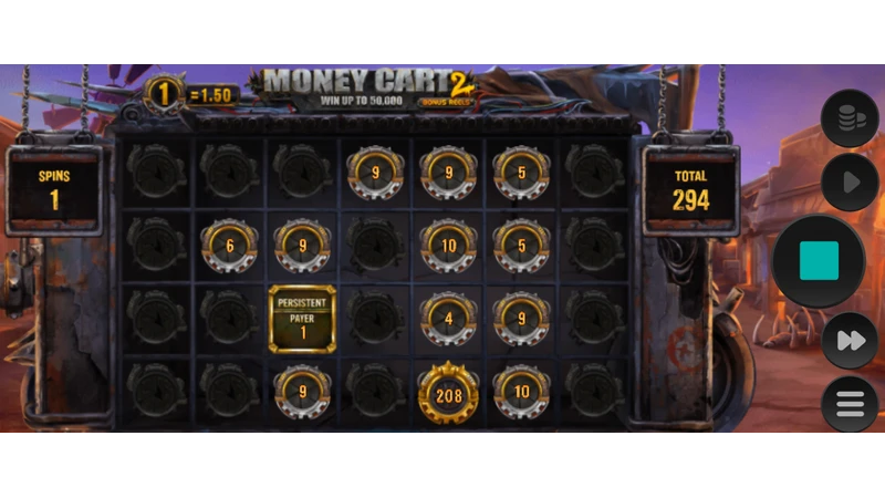 Money Cart 2 slot game interface showing bonus reels with coin values and multipliers by Relax Gaming