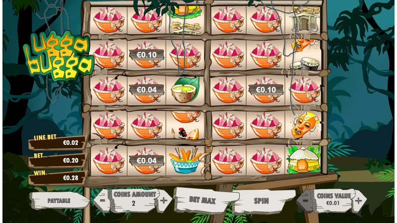 Ugga Bugga slot game interface showing tribal symbols and multi-reel layout by Playtech