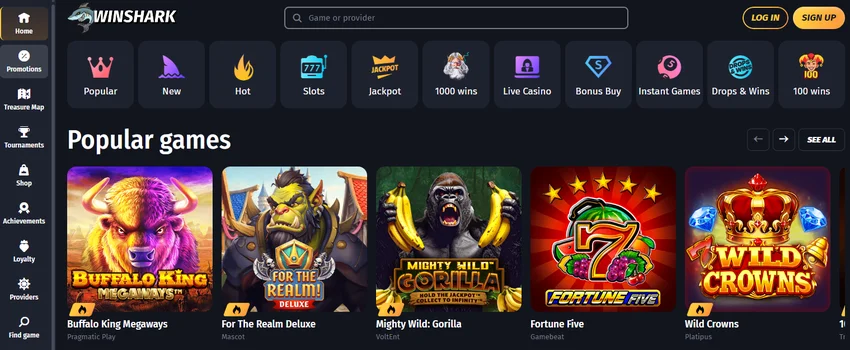 WinShark Casino homepage