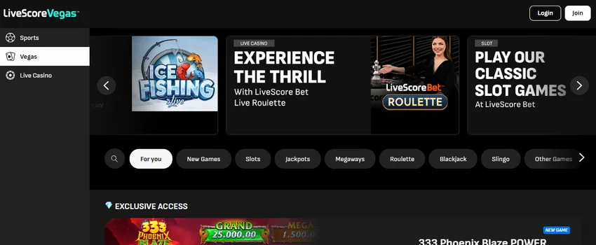 LiveScoreBet Casino lobby