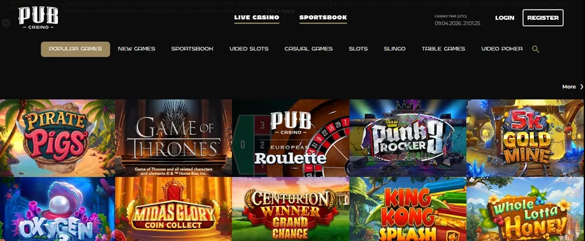 Pub Casino homepage