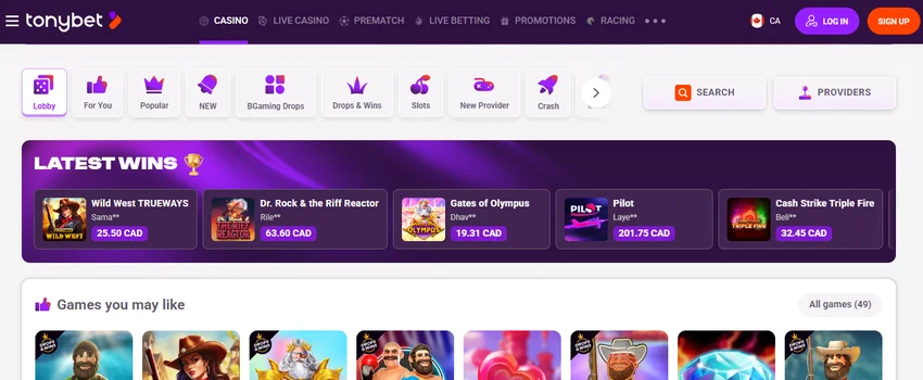 TonyBet Casino homepage